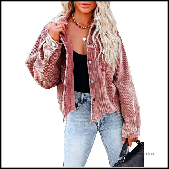 Jackets & Blazers - Cropped Corduroy Shacket Oversized Boyfriend Style Fringe Hem Casual Jacket